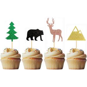 Morndew 24 PCS Woodland Creatures Cupcake Toppers with Cute Forest Animals Bear Deer Tree Mountain Bives for Forest Animals Theme Party Kids Birthday Party Baby Shower Wedding Party Decorations