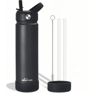 Insulated Stainless Steel Water Bottle with Straw, Ceramic-Lined, BPA-Free & Leak-Proof, 24 oz, Black