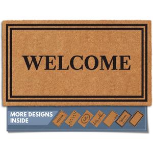 Barnyard Designs Natural Coco Coir Heavy Duty Backing Doormat - Large Cute Non-Slip Front Door Welcome Mat for Outside Entrance or Porch Entry, Brown (17x30, Welcome)