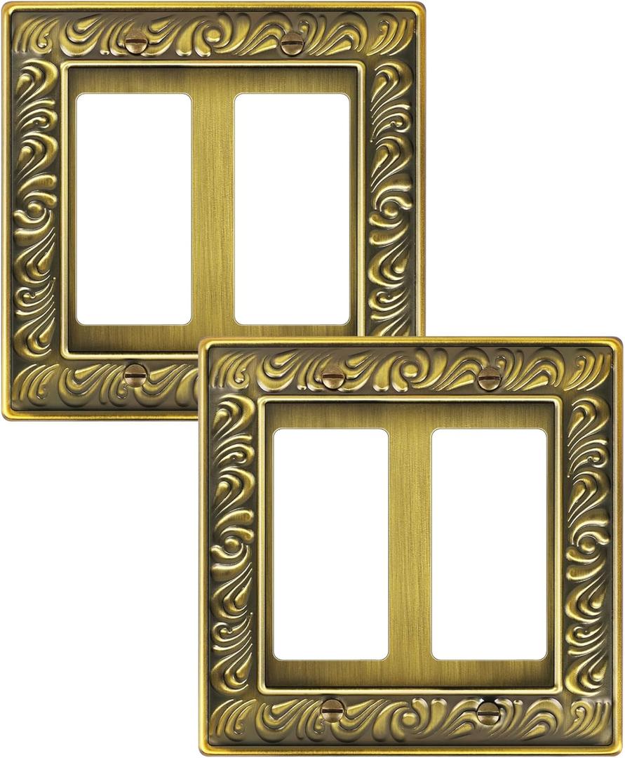 2-Pack Double Decorator Outlet Cover Plate, Paisley Pattern Decorative Switch Plates and Outlet Covers, 2 Gang Antique Brass Metal Wall Plates