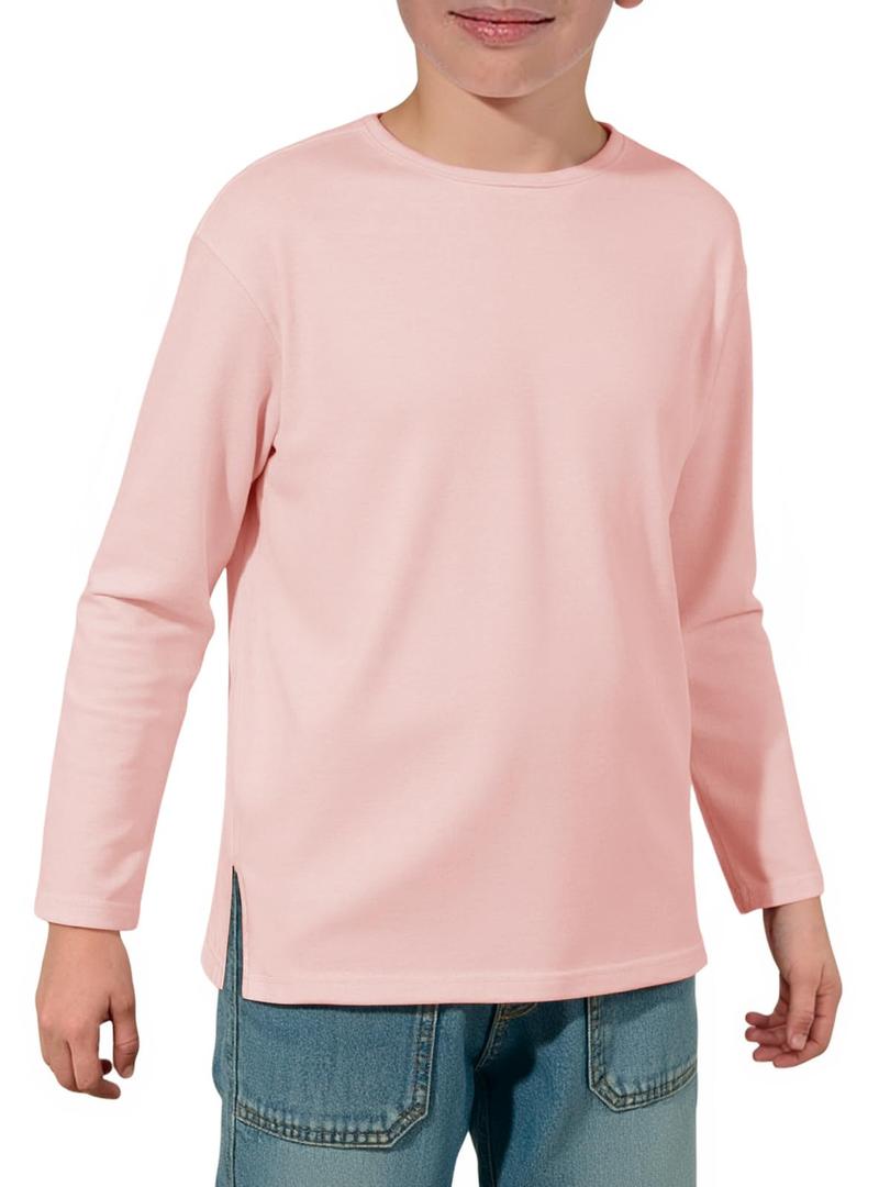 Haloumoning Boys Long Sleeve Shirts Kids Crewneck T-Shirts Casual Split Hem Fall Tops Tees 5-14 Years Pink