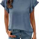 Dokotoo Summer Tops for Women 2026 Casual Round Neck Ruffle Cap Sleeve Blouse Shirts Solid Color Tunic Tops (Blue, S)