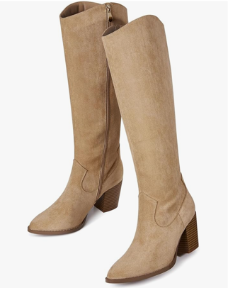 MeiLuSi Womens Knee High Boots Pointed Toe Suede Boots Chunky Heel Faux Slouchy Shoes Tall Fall 2025 Side Zipper Size 8