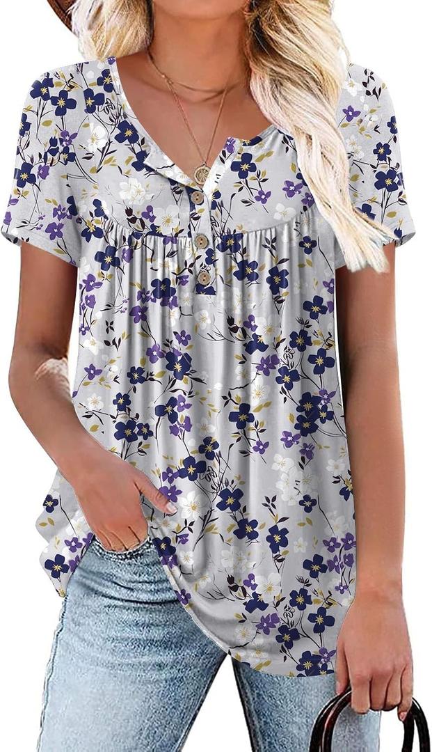 Aodemo Women's Summer Plus Size Tops Short Sleeve Shirts Henley Fit Tunic Ladies Flowy Blouse (X-Large, Short Sleeve-Grey-Purple Flower)