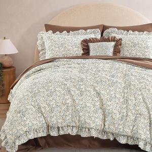 King Size Comforter Set-7 Pieces Floral Ruffle Bedding Set | Beige Ditzy Bed in a Bag, Soft Lightweight All Season Farmhouse King Size Bedding Sets with Sheets, Pillowcases & Shams