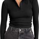 Tankaneo Womens Long Sleeve Polo Shirts V Neck Collared Work Shirt Slim Fit Ribbed Knit Basic Going Out Fall Tops (X-Large, Black)