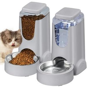 HWONMTE Portable Automatic Cat Feeder and Water Dispenser with Stainless Steel Bowl Dog Gravity Food Feeder and Waterer for Small Medium Pets Puppy Kitten 1 Gallon x 2 (Silver Gray)