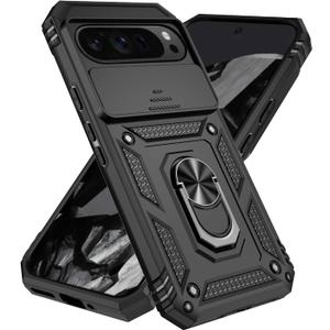 2 x SunStory Compatible with Google Pixel 10 / 9 Pro XL Case with HD Screen Protector & Slide Camera Cover & Rotated Ring Kickstand, [Military-Grade] Case for Pixel 9 / 10 Pro XL, Black