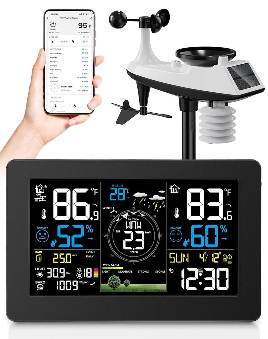WiFi Weather Station Wireless Indoor Outdoor, Thermometer with Rain Gauge and Wind Speed/Direction, Large Display