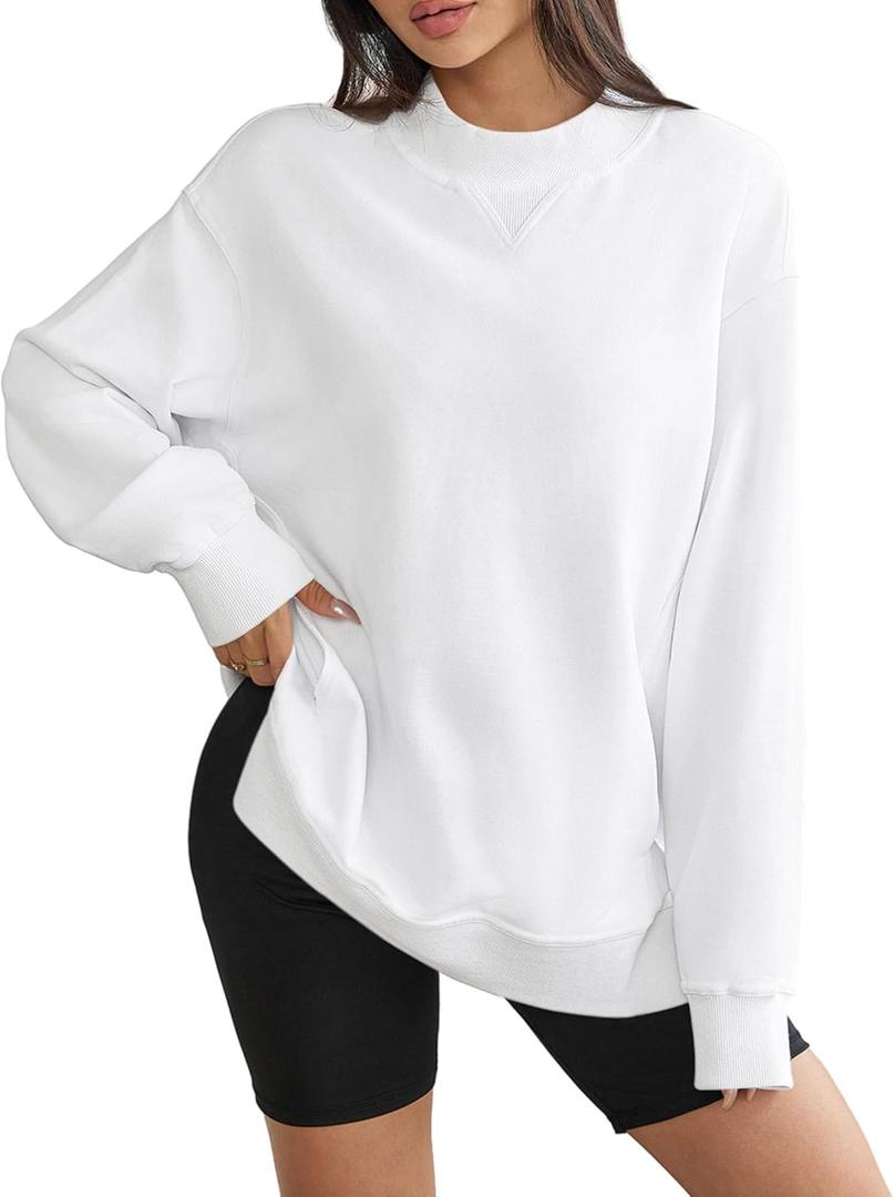 DittyandVibe Women's Long Oversized Sweatshirts Mock Neck Pullover Long Sleeve Side Split Tops with Pocket (White, XL)