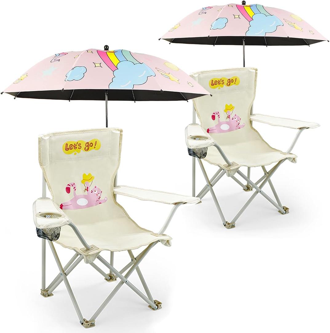 2 Pack Kids Camping Chair - Kids Beach Chair with Umbrella - Foldable Storage Cup Holder Durable, wear-Resistant, Non-Slip, Lightweight Design for Beach, Patio, Outdoors, Lawn (Pink+Pink)