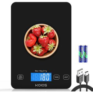 KOIOS Food Scale, 33lb/15kg Digital Kitchen Scale Weight in Grams and Ounces for Cooking Baking, 1g/0.1oz Precise Graduation, Batteries and Type-C Charging, Tare Function, LCD Display, Black