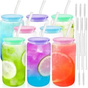 Joyclub 8pcs Glass Cups with Acrylic Lids and Straws 16 oz Can Shaped Glass Iced Coffee Cups with Lids and Straws, Cute Tumbler Cup Drinking Glasses for Smoothie Whiskey Boba Soda Tea Gift (Multicolor Light 8 Pack)
