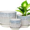 Hlukana Ceramic Plant Pots Set of 3, 6.75/5.6/4.2 inch Planters with Drainage Holes and Saucer, Flower Pot Outdoor Indoor, Modern Decorative Planters for House Plants Garden Planters Succulent Pots (Blue)