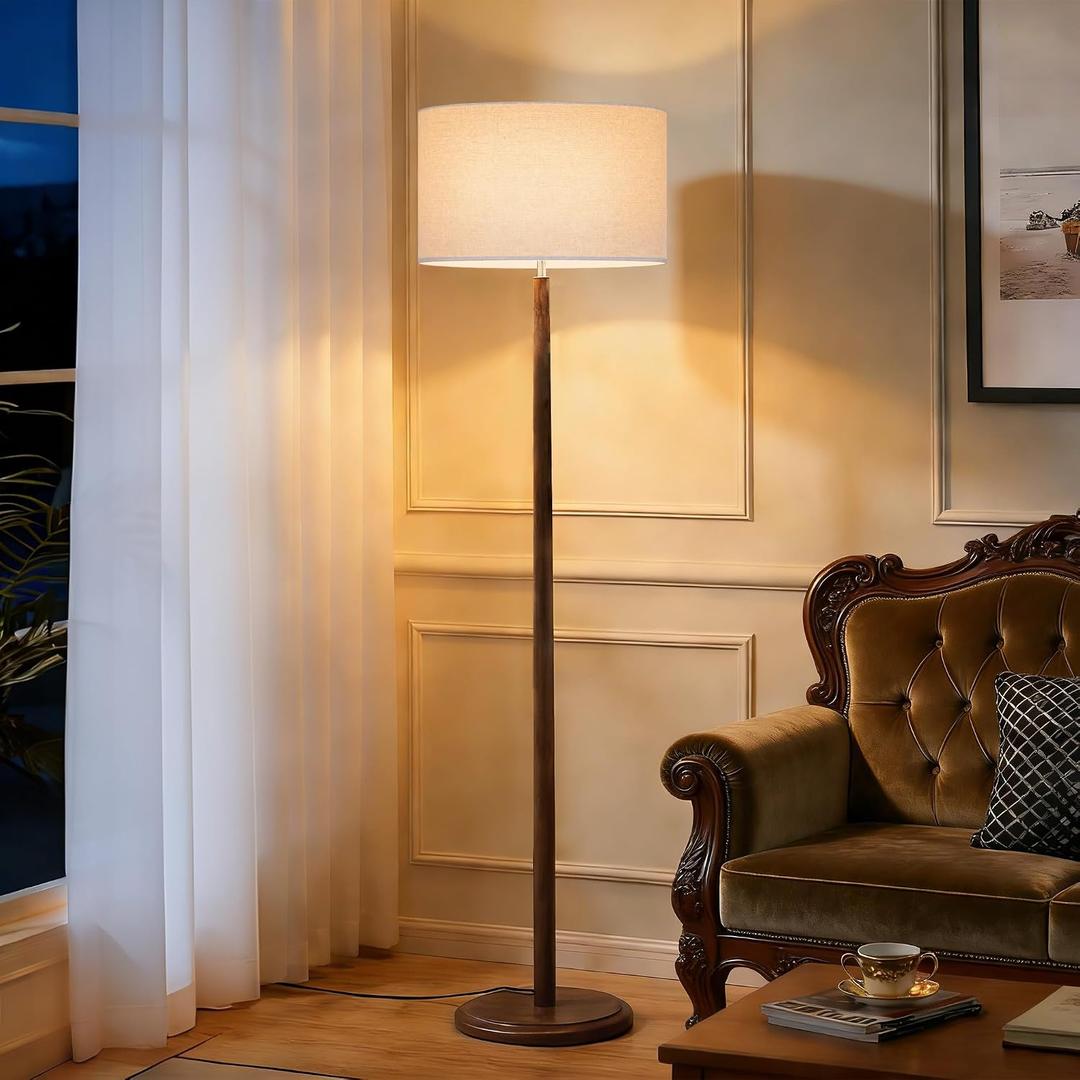 61" Walnut Wood Floor Lamp with Linen Drum Shade, E26 Base, UL Listed | Mid-Century Standing Tall Lamp, Farmhouse Lighting for Living Room, Bedroom, Dining Room, Office, Bulb Not Included, Beige