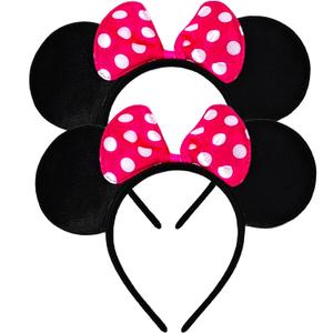 Mado 2 Pack Mouse Ears Headbands for Adults Women Little Girls Boys (Fuchsia Polka Dot, Onesize