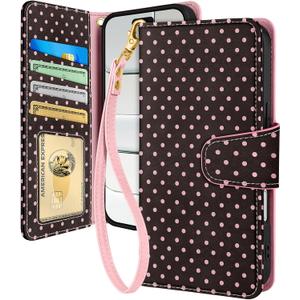 Toycamp for iPhone 17 Air Wallet Case with Wrist Strap - Leather Flip Folio Phone Case with RFID Blocking 4 Card Holder for Apple for iPhone 17 Air Funda Cute Aesthetic for Women Ladies, Brown Polka