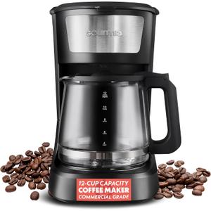 Gourmia 12 Cup One-Touch Coffee Maker  Pause and Serve with Automatic Keep Warm, Easy View Water Window, Compact Design, Stainless Steel Accents, Black
