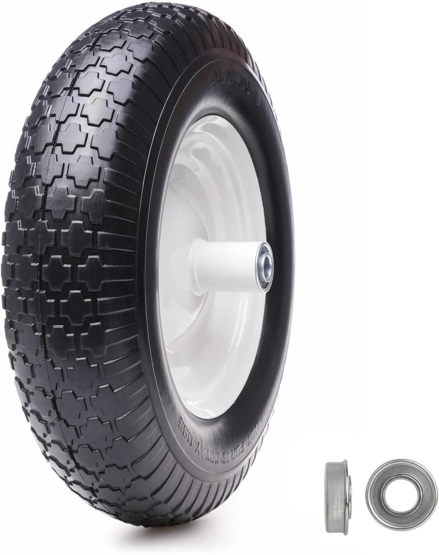 16" Flat Free Solid Tire and Wheel with 2pcs 3/4" Bearing, 4.80/4.00-8 PU Airless Tires with 5/8" Ball Bearings 6" Centered Hub for Hand Truck/Utility Cart/Various Carts, 1 P(330 Lb Gemstone Stripe), Light Grooves