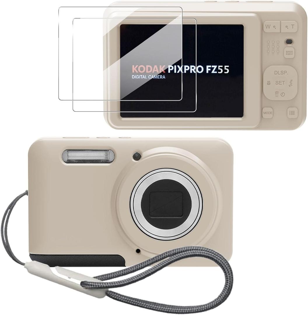 Case for Kodak PIXPRO FZ55,FZ55 accessories,Soft Silicone Protective Case,Comes with 2 Screen Protectors and 1 Wrist Strap - Off white