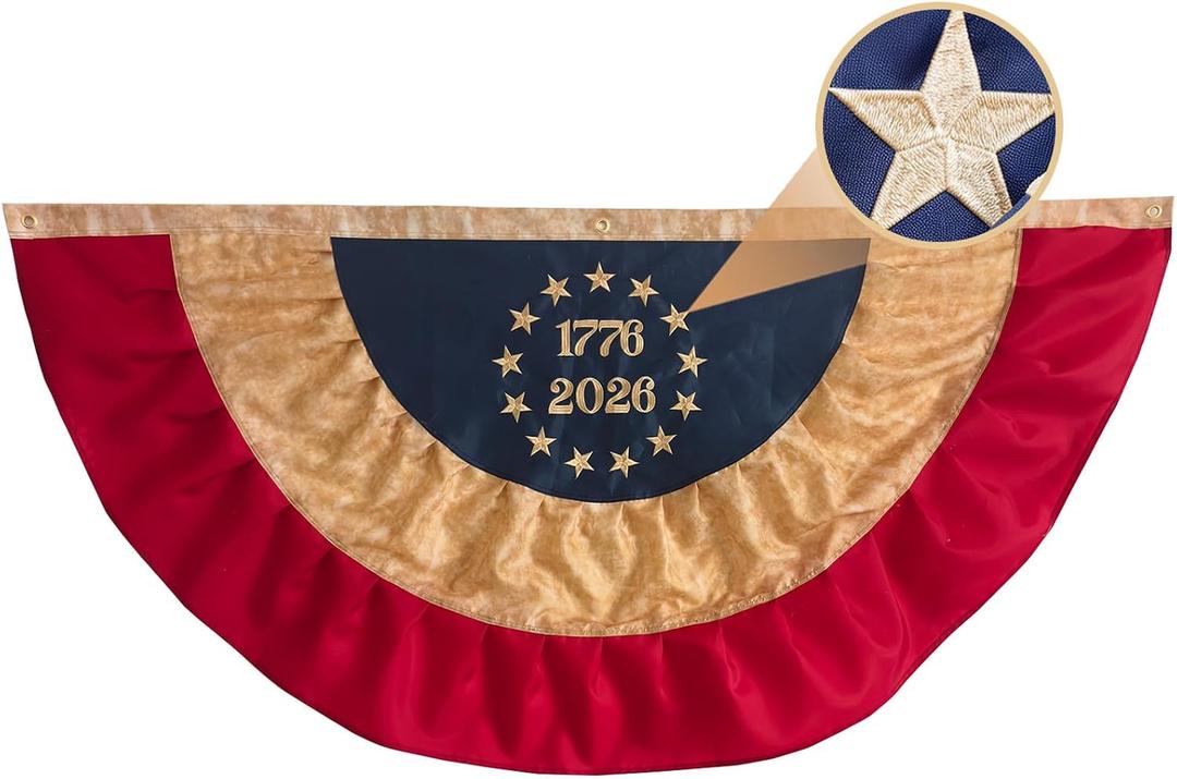 USA 250th Anniversary Bunting Flag 3x6 FT, Vintage Tea Stained Betsy Ross Flag with 13 Embroidered Stars, 1776-2026 Bennington Pleated Fan Banner for 4th of July Outdoor Decorations