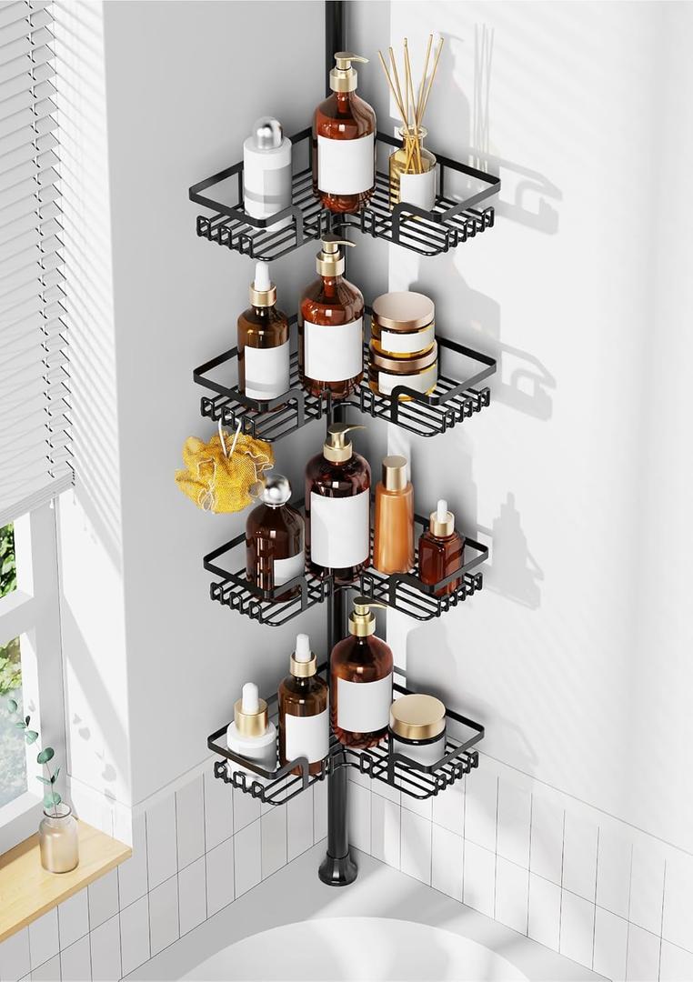 ZUNTO Shower Caddy Corner for Bathroom, Tension Pole, Adjustable 25in114in Floor to Ceiling, Standing Shower Tension Rod Organizer with Hooks, 4 Tier Storage Shelves, Matte Black