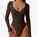 QINSEN Women's Long Sleeve Bodysuit V Neck Body Suits Seamed Cup Going Out Tops Shirt M