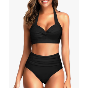Tempt Me Women Two Piece Vintage Swimsuit Retro Halter Ruched High Waist Bikini with Bottom, L, Black