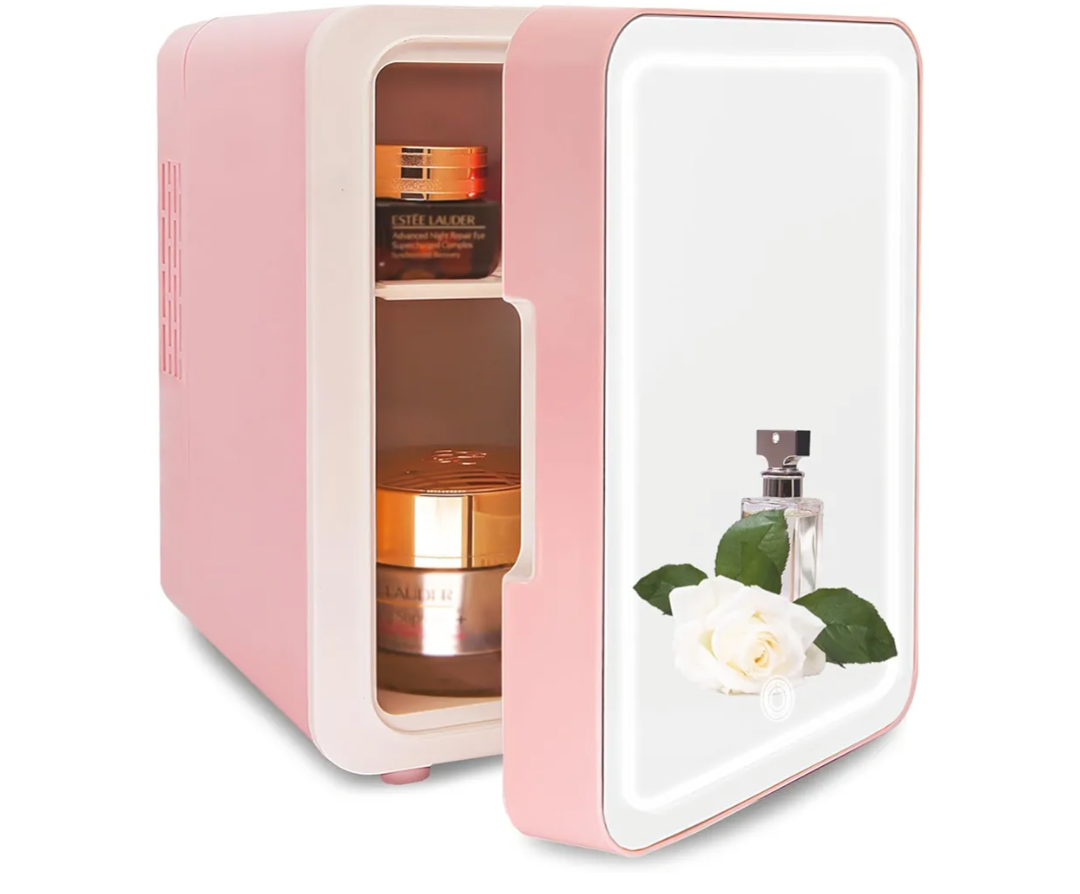 VNIMTI Mini Skincare Fridge 4 Liter/6 Cans, Portable Cosmetic Fridges with Makeup Mirror, Cooler & Warmer, AC & DC, Small Refrigerator for Bedroom, Car, Office, Outdoor, Pink - 4L