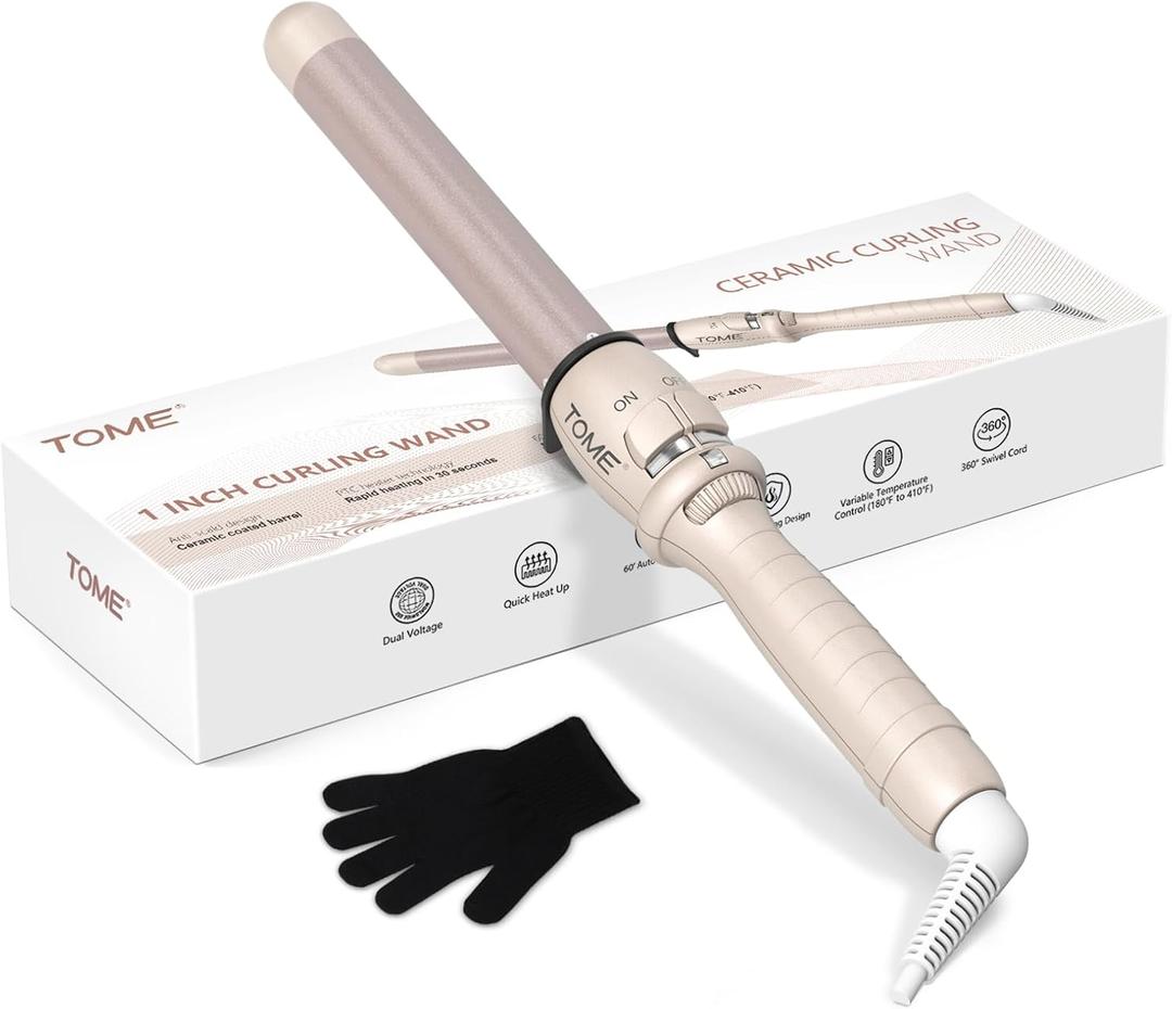 1 Inch Hair Curling Wand, Ceramic Curling Iron 1 Inch, Dual Voltage Hair Curler with Glove Included, Curly Hair Tools for Styling, Adjustable Temperature (180F to 410F for All Hair Types)