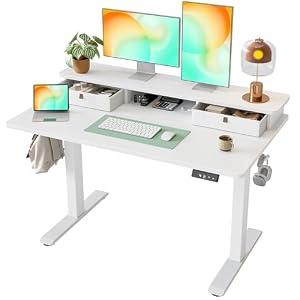 TIQLAB Standing Desk with Two Drawers, Stand Up Standing Desk Adjustable Height, Electric Sit Stand Table with Storage Shelf and Splice Board, 48 * 24 inch, White