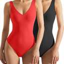 SUUKSESS Women 2 Piece Thong Bodysuit Sexy V Neck Backless Sleeveless Tank Tops (Medium, 01 Pack (Black & Red))