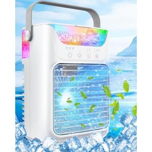 Portable Air Conditioners, 3 Wind Speeds & 7 LED Lights Evaporative Personal Air Cooler, 4 in 1 Portable AC with 650 mL Large Water Tank, Mini Air Conditioner for Bedroom/Car/Home/Camping/Room