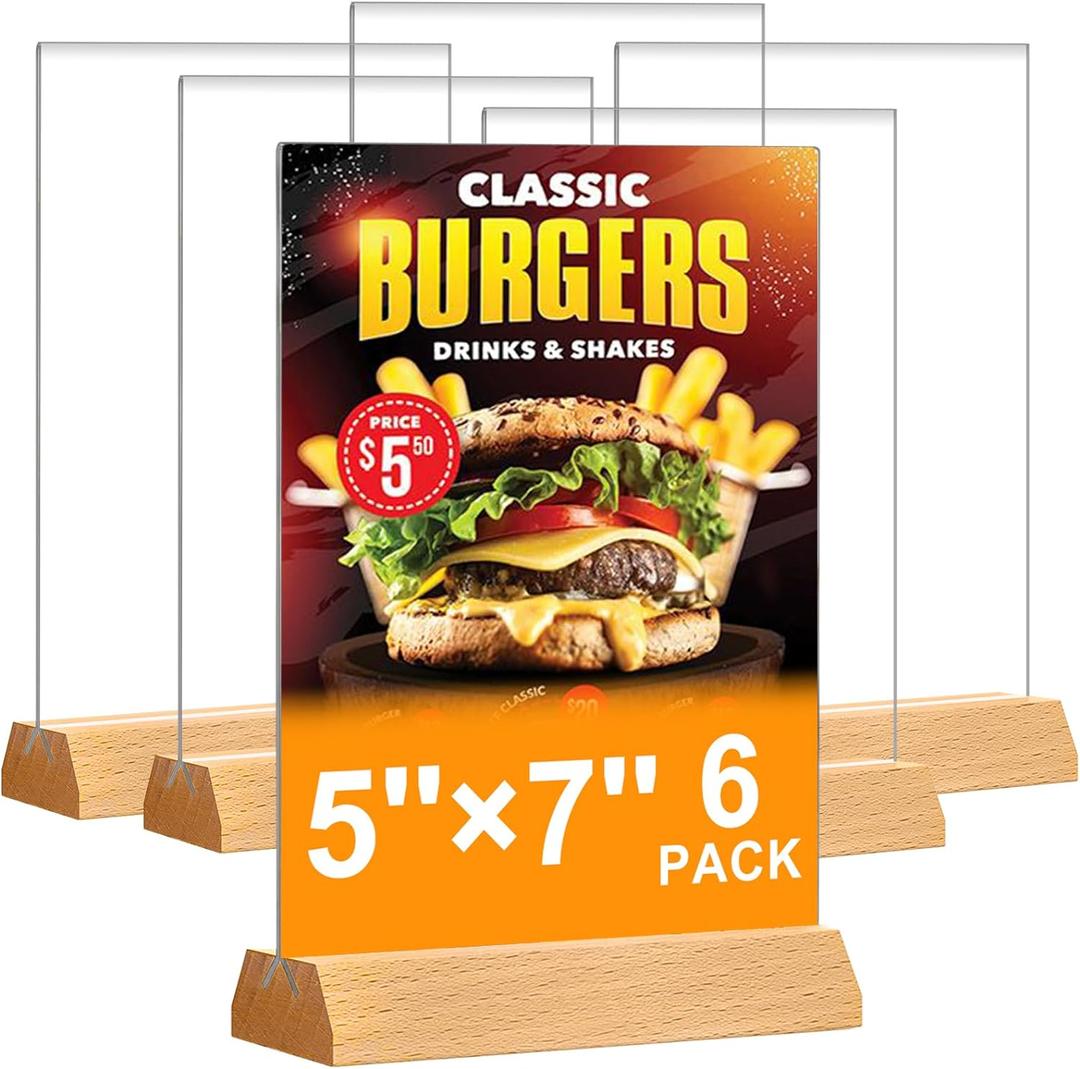 5x7 Acrylic Sign Holder - T Shape Clear Flyer Holder with Wood Base, 6 Pack Double Sided Picture Frames, Plastic Table Menu Display Stand for Wedding, Office, School, Restaurant