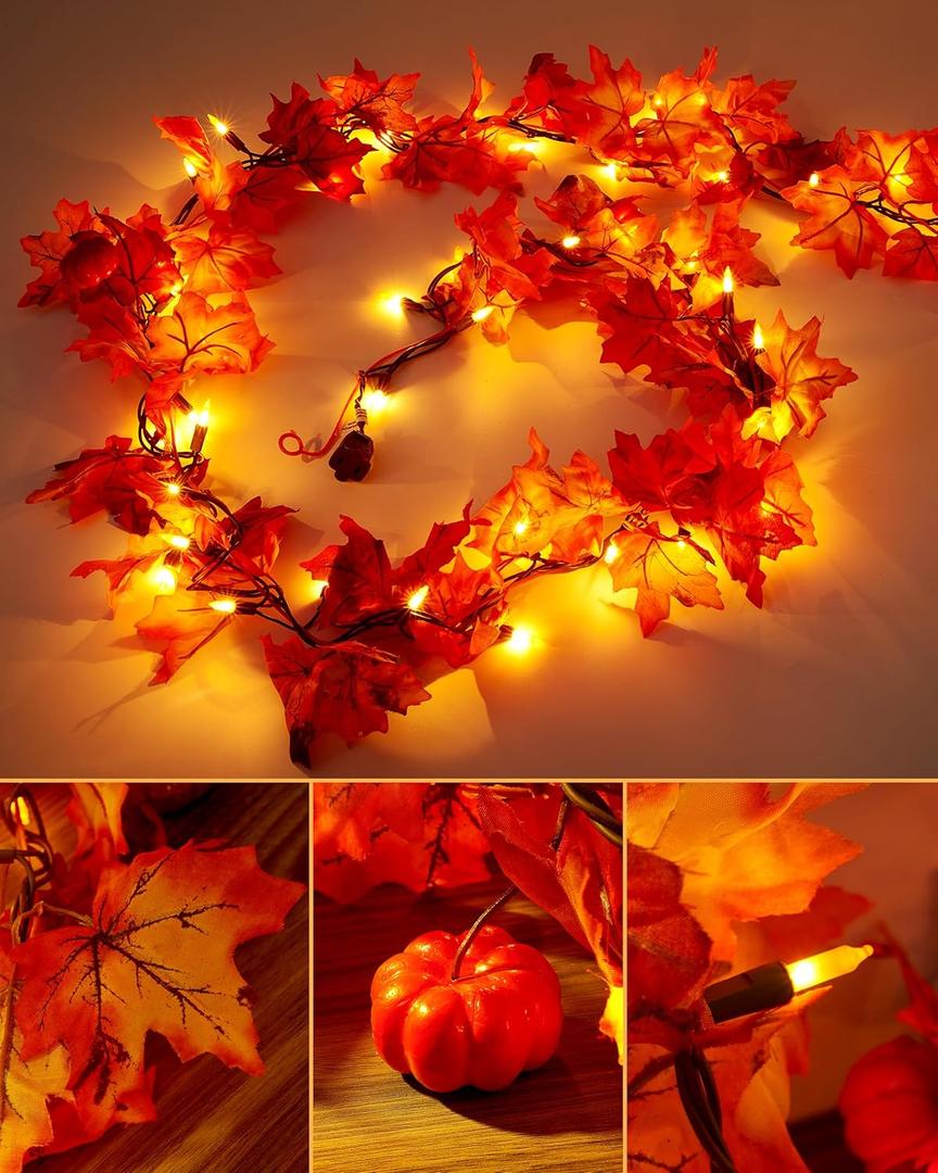VCOKEN 11FT Fall Garland With Lights - 50 Bulbs Connectable Maple Leaves With Pumpkin, Plug-in Decor for Outdoor Indoor Halloween Thanksgiving Holidays