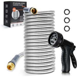 Stainless Steel Garden Hose 75 ft Heavy Duty Metal Water Hoses with 10 Function Water Hose Nozzles for Yard Outdoor