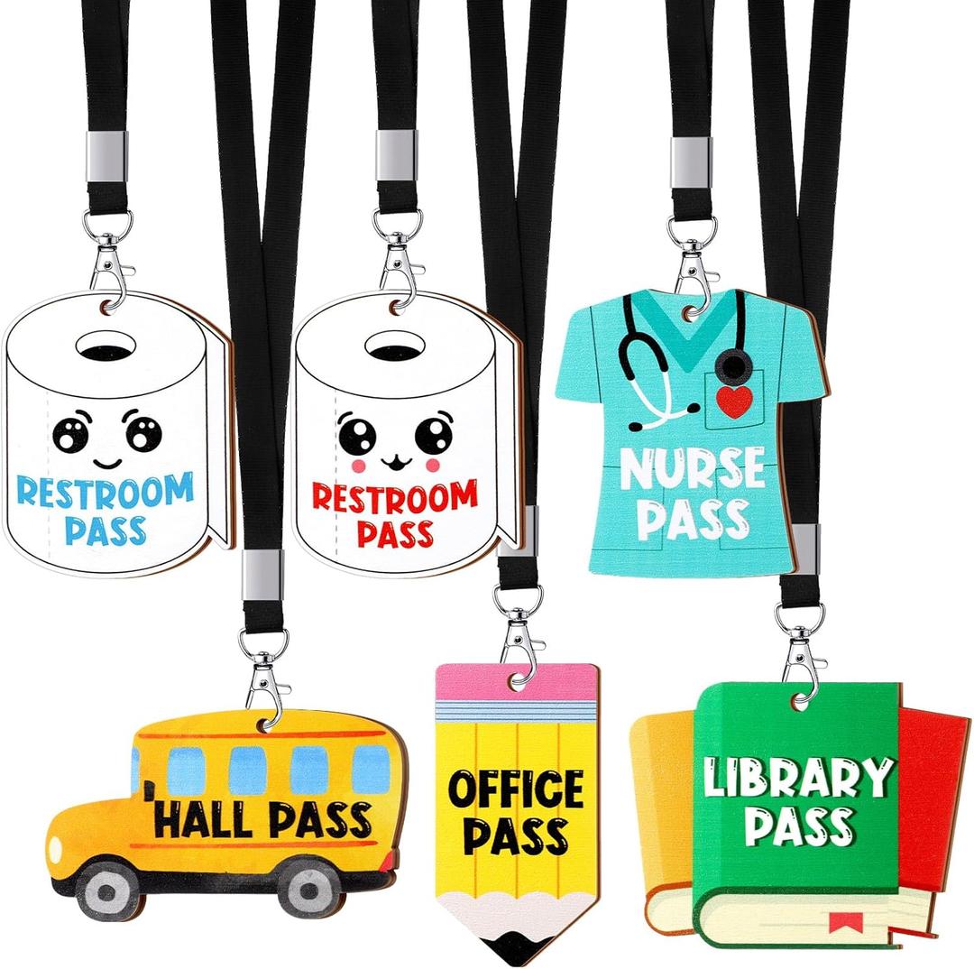 Sabary 6 Sets Hall Pass Lanyards and School Passes Set Unbreakable Wooden Bathroom Passes for Classrooms Hall, Restroom, Library, Office and Nurse School Teacher Supplies Gift (Cute Style)