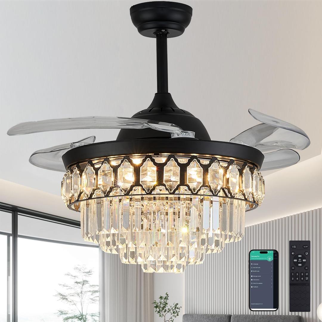 48" Dimmable Black Fandelier Ceiling Fans with Lights and Remote Modern Retractable Blade Crystal Chandelier Ceiling Fan with Light for Bedroom Dinning Room Living Room