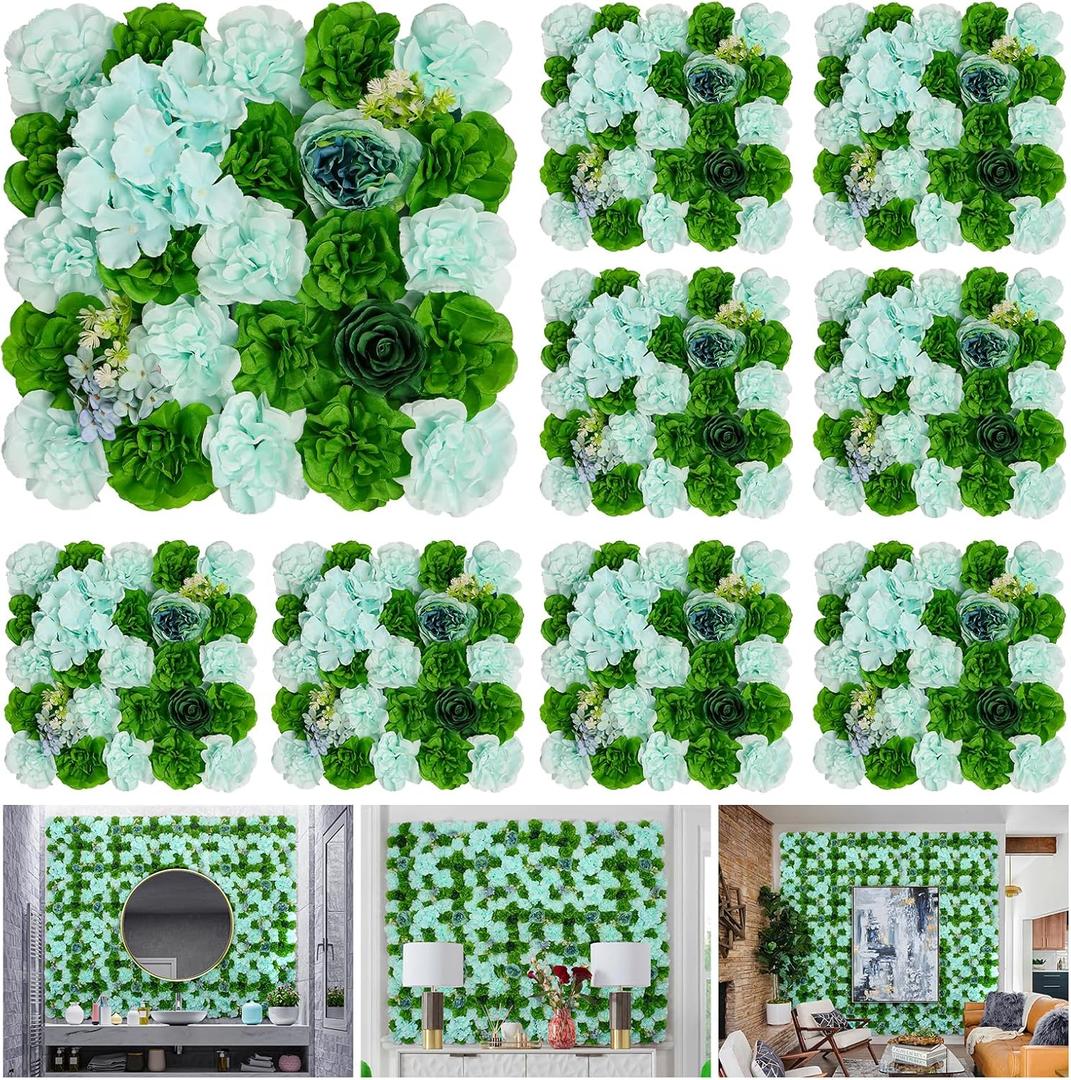 Artificial Flower Wall Backdrop 9pcs 16.5x16.5 Inch Silk Floral Wall Panel Ideal for Wedding Celebrations, Festive Party Birthday Backdrops and Elegant Home Decor (Lake Blue and Green)