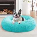 JOLLYVOGUE Calming Dog Bed Medium Size Dog, Anti-Anxiety Donut Medium Pet Bed, 31 inches Fluffy Faux Fur Round Cat Bed, Fits up to 45 lbs Pets (Aqua Blue)