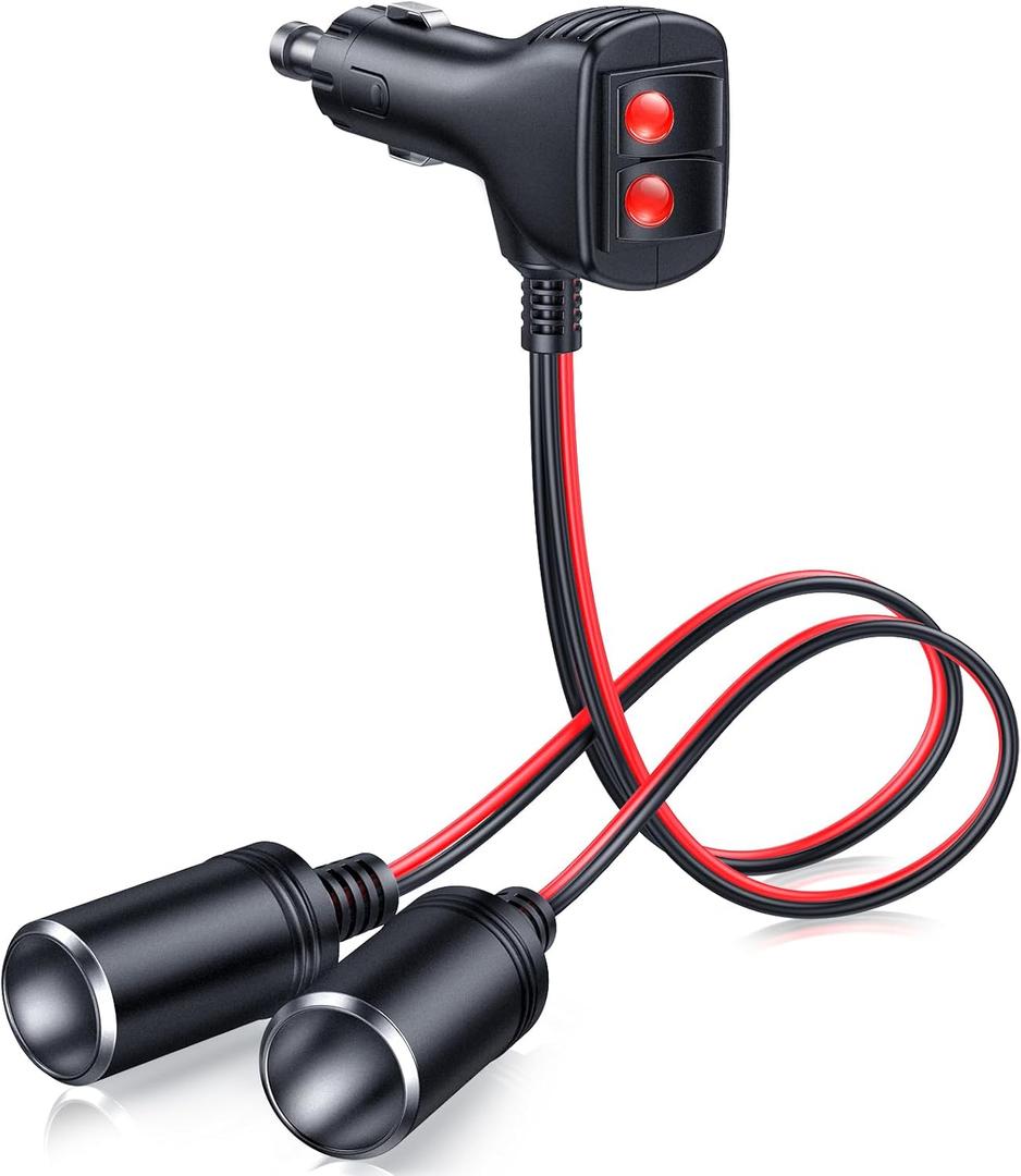 ELECTOP 1 to 2 Car Cigarette Lighter Splitter Adapter Power Charger Port, 12V 24V Plug Socket 2-Way Splitter Y Adapter with Dual Independent Switches, Cigarette Lighter Extension Cord with 10A Fuse
