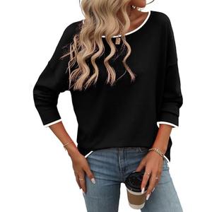 PrinStory Women's Fall Sweaters Loose 2024 Long Sleeve Outfits Crewneck Knit Lightweight Casual Pullover Tops Black L