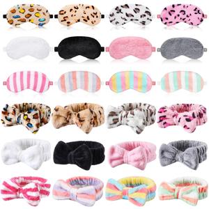 Xuhal 24 Pcs Spa Party Favors Sleepover Party Supplies for Women Soft Makeup Headband for Washing Face Sleep Eye Mask Bow Hair Bands for Slumber Birthday Favors(Spotted, Stripes and Solid)