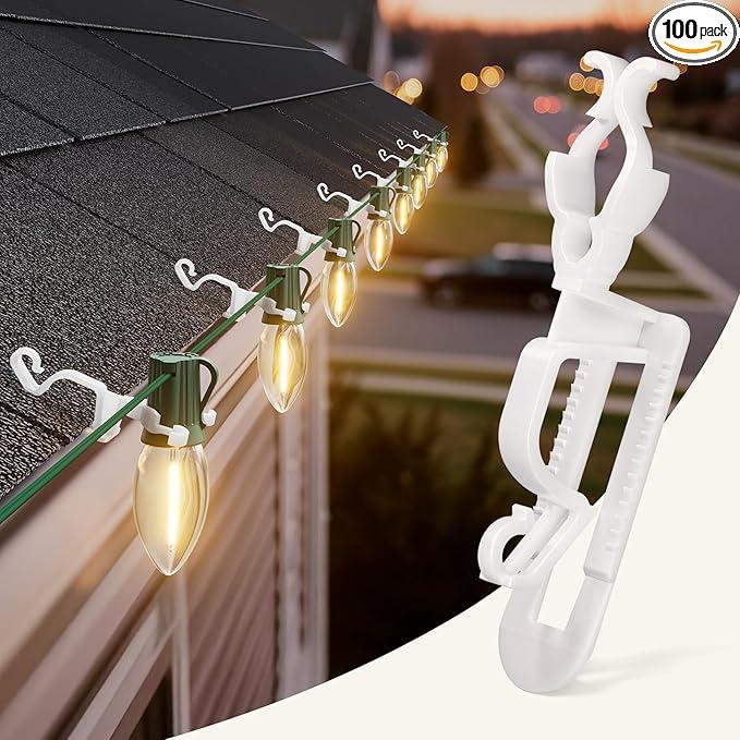Universal Christmas Lights Clips, 100 Count All-in-One Gutter Clips for C7/E12, C9/E17 Lights, Mini String Lights, Rope Lights, Outdoor Christmas Decor (2 Pack)
