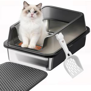Stainless Steel Cat Litter Box with High Sides, Metal Litter Box Odor Resistant, Open Top Litter Pan with Litter Mat & Scoop, Easy Clean Non-Absorbent, Anti-Urine Leakage