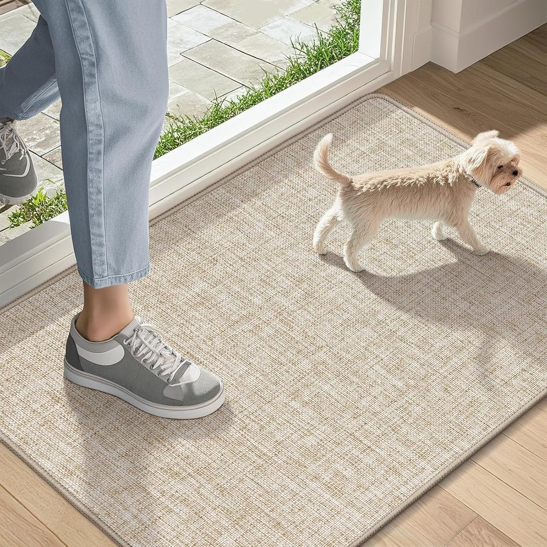 LEKEEPGO Ultra Thin Indoor Door Mat 17"x29", Low-Profile Door Mat Indoor Entrance, Non Slip Rubber Backing Inside Doormat Washable Welcome Front Entryway Dirt Trapper Entry Mat, Khaki