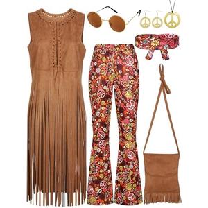 SOMSOC 7 Pieces 70s Women Hippie Costume Fringe Vest Bag Pant Headband for Halloween Large SOMSOC 7 Pieces 70s Women Hippie Costume Fringe Vest Bag Pant Headband for Halloween Large