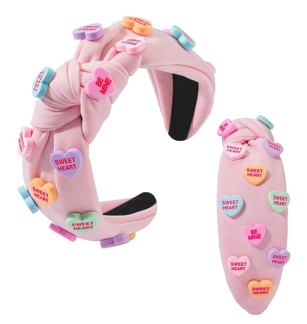 Holiday Heart Candy Embellished Red Headband Conversation Love Heart Charm Knotted Headband Non Slip Wide Top Knot Fashion Hairband Hair Accessories for Women (Valentine -pink, 2 Pcs)