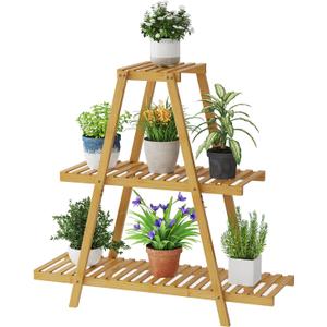 Plant Stand For Indoor Outdoor Tiered Plant Shelf 3 Tier 8 Potted Bamboo Flower Holder Ladder Rack For Multiple Triangle Table Plant Pot Stand (Natural)
