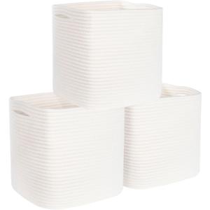 MINTWOOD Design 3-Pack 11x11in Woven Cube Storage Bin and Shelf Baskets, Cute Decorative Square Organizer for Closet, Classroom, Bathroom, Dog and Cat Toys, and Books, Creamy White